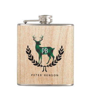 Green Buffalo Plaid Stag Monogram Hip Flask