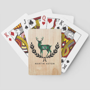 Green Buffalo Plaid Stag Monogram Playing Cards
