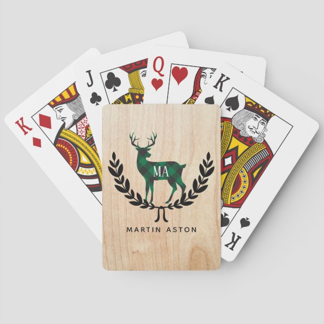 Green Buffalo Plaid Stag Monogram Playing Cards (Back)