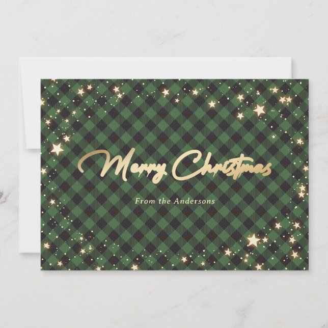 Green Buffalo Plaid Stars Christmas Cards (Front)