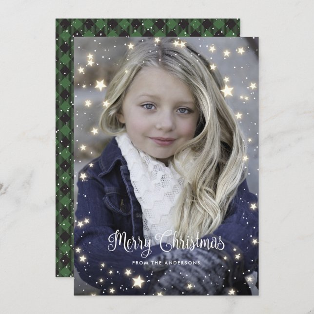 Green Buffalo Plaid Stars Photo Christmas Cards (Front/Back)