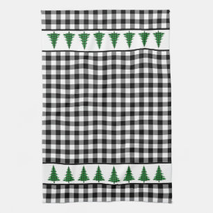 Green Buffalo Plaid Tree on Black and White Checks Tea Towel