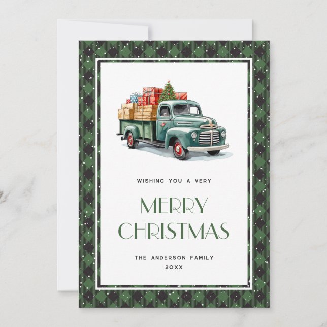 Green Buffalo Plaid Truck Christmas Cards (Front)