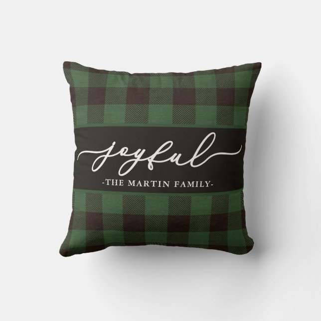 Green Buffalo Plaid with Joyful Script Christmas Cushion (Back)