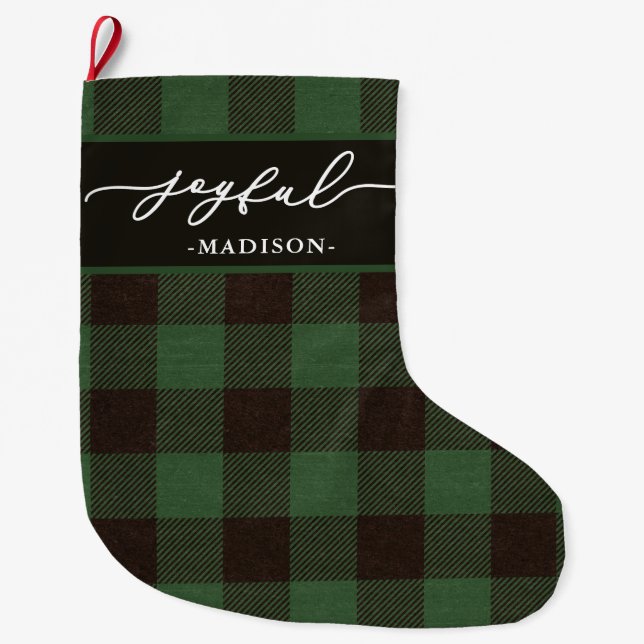 Green Buffalo Plaid with Joyful Script Christmas Large Christmas Stocking (Front)