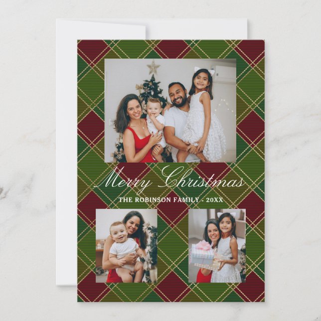 Green Buffalo Red Plaid Christmas 4 Photo Collage Holiday Card (Front)