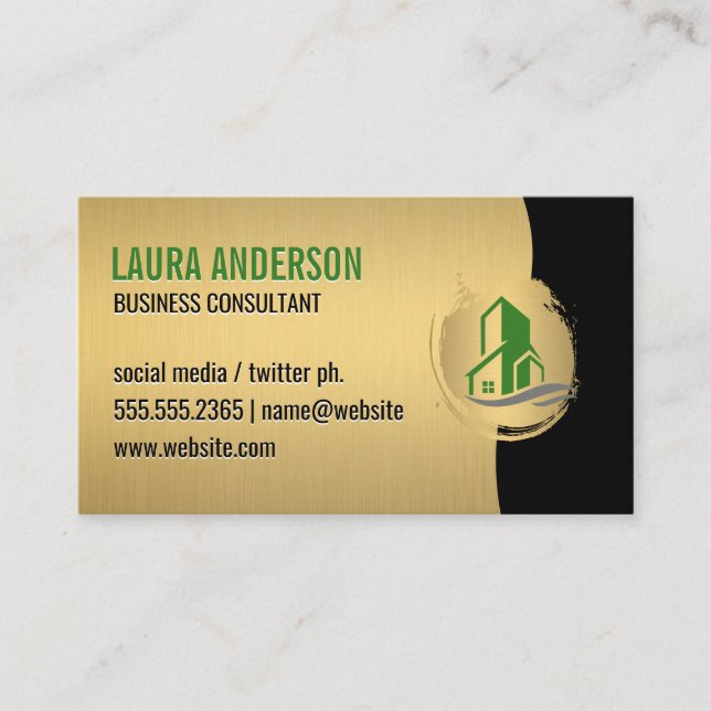 Green Building Icon / Gold Monogram Business Card (Front)