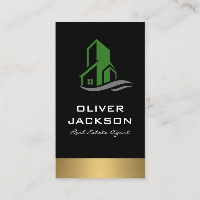 Green Building Icon Real Estate Lux Gold Trim Business Card (Front)