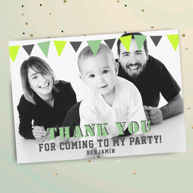 Green Bunting Flags Kids Photo Birthday Thank You Card (Creator Uploaded)