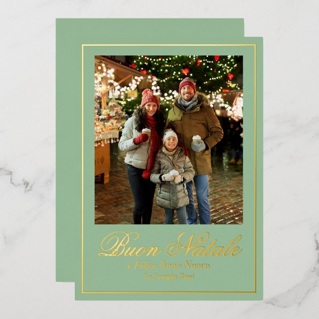 Green Buon Natale e Felice Anno Nuovo Script Photo Foil Holiday Card (Front/Back)