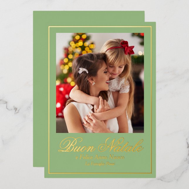 Green Buon Natale e Felice Anno Nuovo Script Photo Foil Holiday Card (Front/Back)