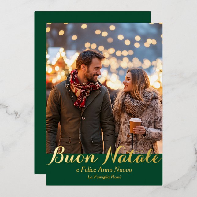 Green Buon Natale e Felice Anno Nuovo Script Photo Foil Holiday Card (Front/Back)