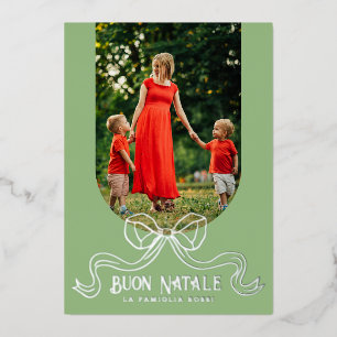 Green Buon Natale Simple Modern Coquette Bow Photo Foil Holiday Card