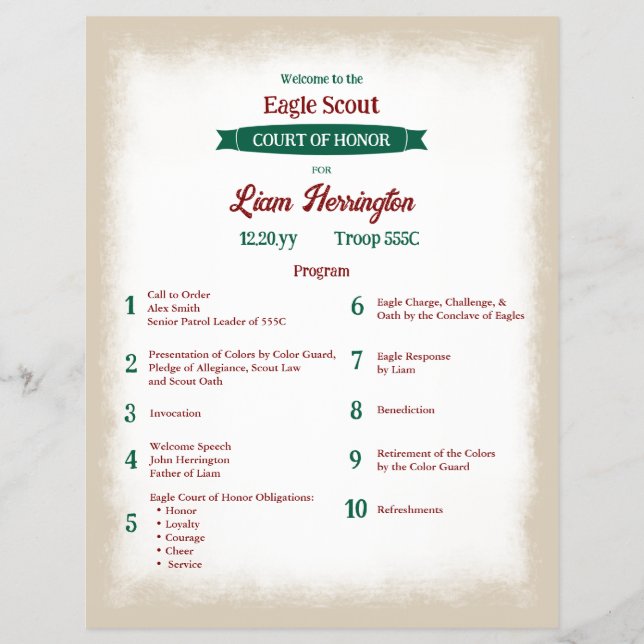 Green, Burgundy Eagle Court of Honor Program Flyer (Front)