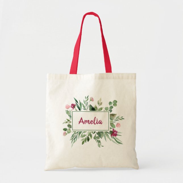 Green Burgundy Floral Leaf Leaves Girly Eco Name Tote Bag (Front)