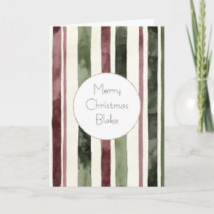 Green Burgundy Red Cream Stripes Christmas Card