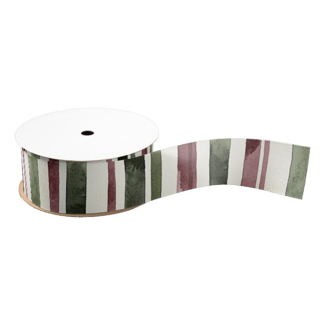 Green Burgundy Red Cream Stripes Christmas Grosgrain Ribbon (Spool)