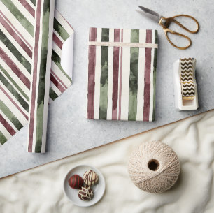 Green Burgundy Stripes Christmas Wrapping Paper