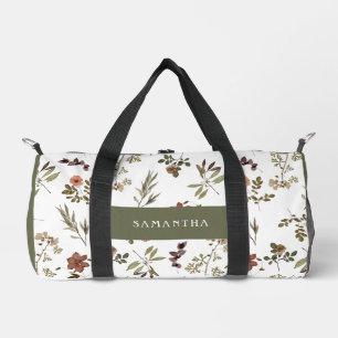 Green Burgundy Wildflower Monogram Name Duffle Bag