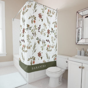 Green Burgundy Wildflower Monogram Name Shower Curtain