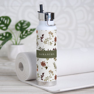Green Burgundy Wildflower Monogram Name Water Bottle