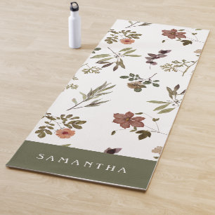 Green Burgundy Wildflower Monogram Name Yoga Mat