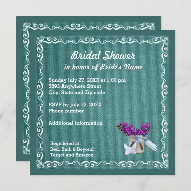 Green Burlap Purple Flowers Jar Bridal Shower Invitation (Front/Back)