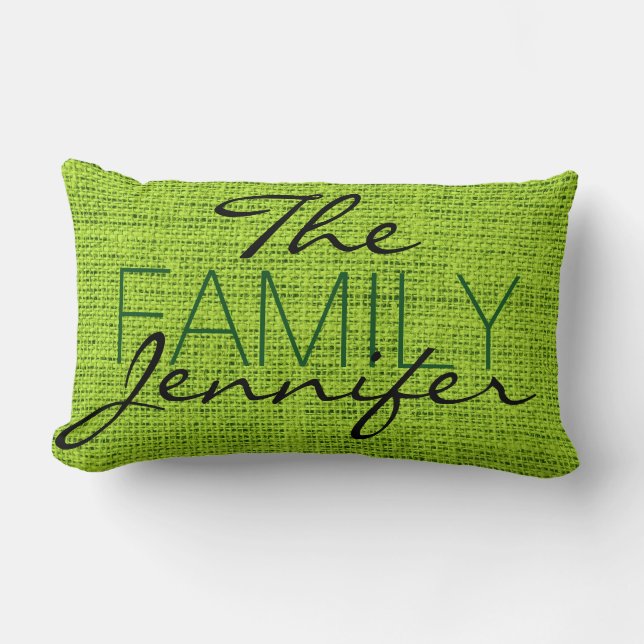 Green Burlap Rustic Linen Monogram Lumbar Cushion (Front)