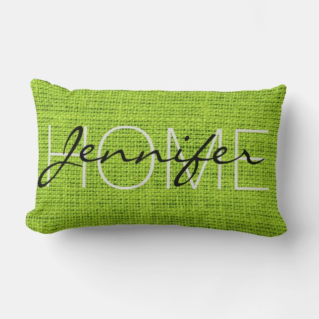 Green Burlap Rustic Monogram Lumbar Cushion (Front)
