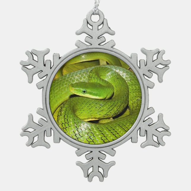 Green Bush Rat Snake Snowflake Pewter Christmas Ornament (Front)