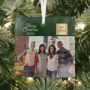 Green Business custom photo logo Christmas Glass Tree Decoration
