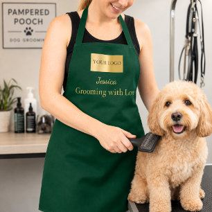 Green business logo employee pet salon apron