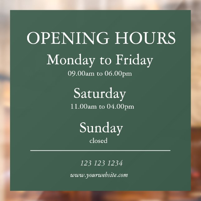 Green Business Opening Hours Sign | Window Cling (Sheet 2)