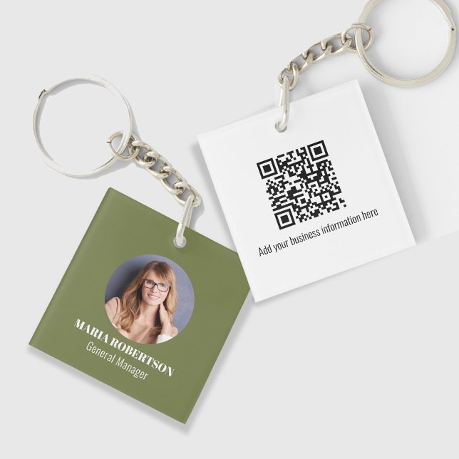 Green Business Photo Simple Custom Key Ring (Green Photo ID keychain with QR code template.)