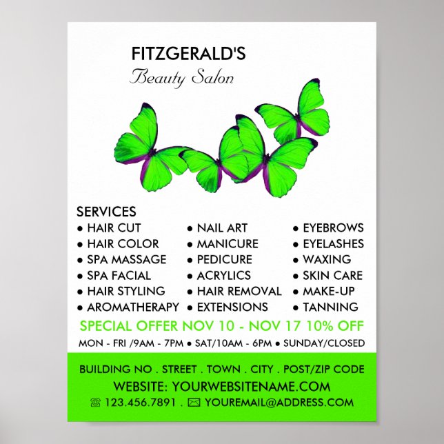 Green Butterflies, Beautician, Beauty Salon Advert Poster (Front)