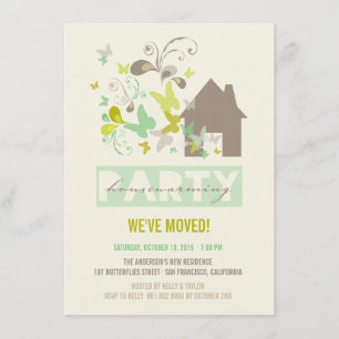 Green Butterflies Burst House Warming Party Invite