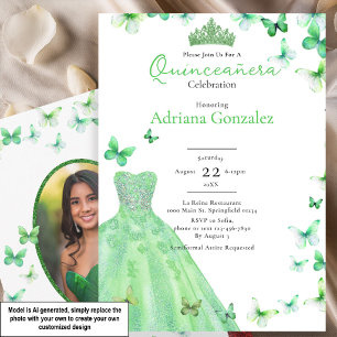 Green Butterflies Dress Tiara Photo Quinceanera Invitation