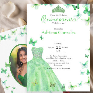 Green Butterflies Dress Tiara Photo Quinceanera Invitation