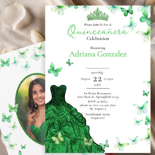 Green Butterflies Dress Tiara Photo Quinceanera Invitation