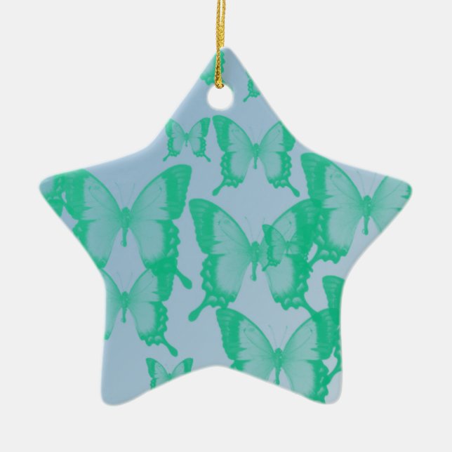 green butterflies in blue background ceramic ornament (Front)