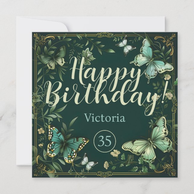 Green butterfly and plants garden design card (Front)