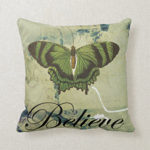 Green Butterfly Believe Throw Pillow