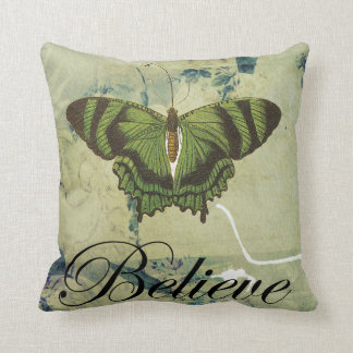 Green Butterfly Believe Throw Pillow
