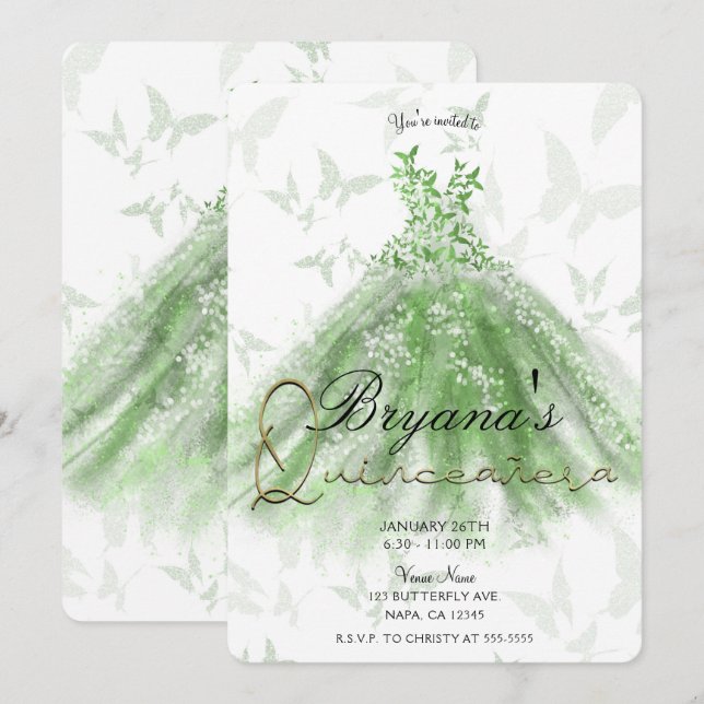 Green Butterfly Dance Dress Quinceañera Party Invitation (Front/Back)