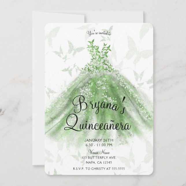 Green Butterfly Dance Dress Quinceañera Party Invitation (Front)