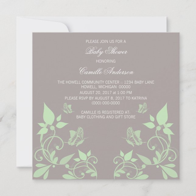 Green Butterfly Floral Baby Shower Invite (Front)