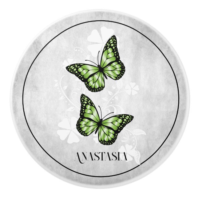 Green Butterfly Floral Personalised Ceramic Knob (Front)