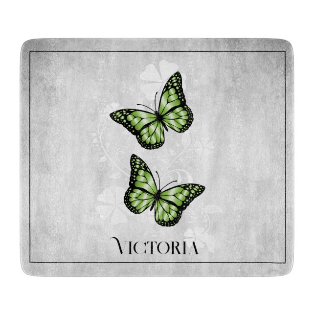 Green Butterfly Floral Personalised Cutting Board (Front)