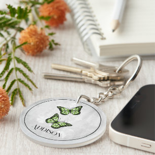 Green Butterfly Floral Personalised Keychain