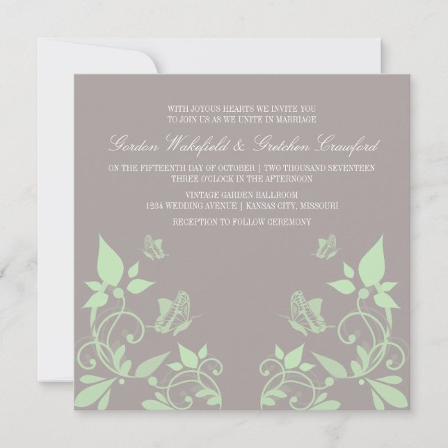 Green Butterfly Floral Wedding Invite (Front)